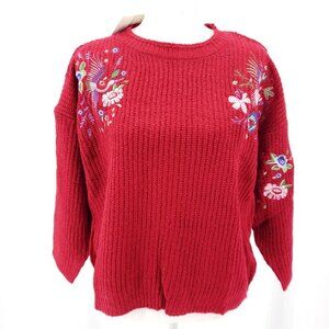PEPALOVES Embroidered Floral Sweater Oversized Red